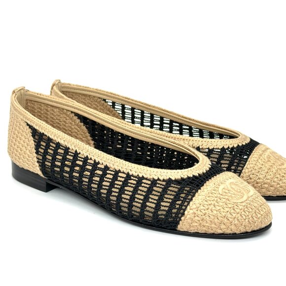 CHANEL 25P CC Raffia Crochet Woven Two Tone Cap Toe Ballerina Ballet Flats - Picture 7 of 15